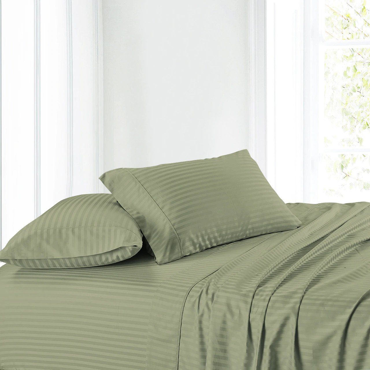 green olive bedding set king size with stripes on bed