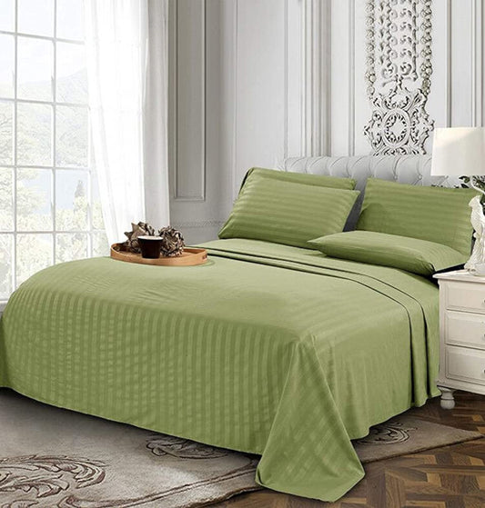 green olive bedding set king size with stripes on bed